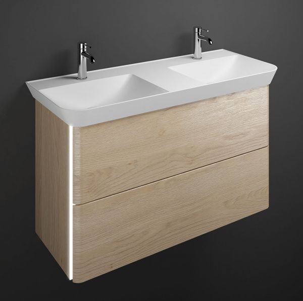 Burgbad Iveo Mineralguss-Doppelwaschtisch mit Unterschrank und LED-Beleuchtung, 2 Auszüge, 120cm eiche dekor cashmere