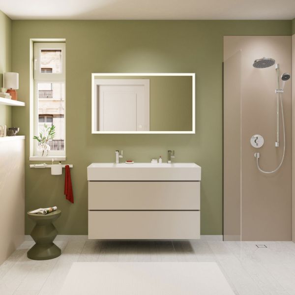 hansgrohe Xilesa E Waschtischunterschrank 118cm, 2 Schubkästen mit Grifffuge sandbeige matt