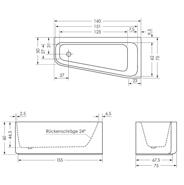 Repabad Seed F 160x75 Eck-Badewanne links, Raumecke rechts, mit Schürze