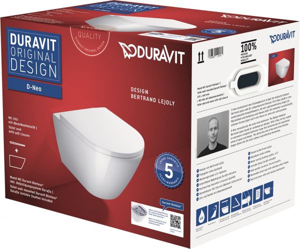 Duravit D-Neo Wand-WC, Tiefspüler, Rimless® Set, weiß 45770900A1