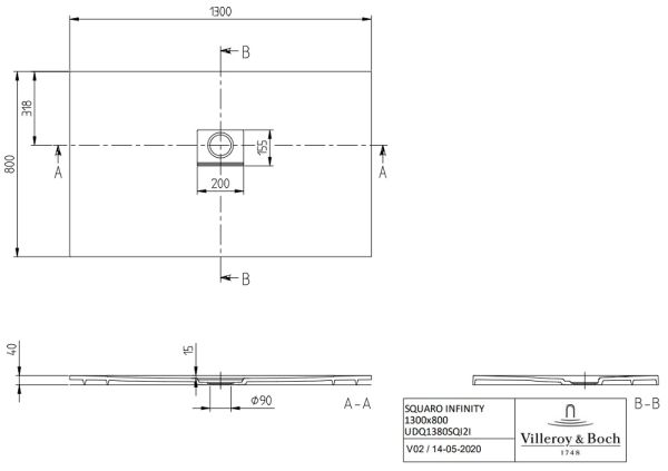 Villeroy&Boch Squaro Infinity Quaryl®-Duschwanne, flächenbündiger Einbau, 130x80cm, techn. Zeichnung