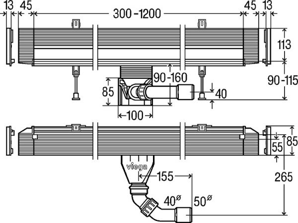 Viega Advantix Vario-Duschrinnen-​Grundkörper Wand, Einbauhöhe ab 90mm, Länge 300-1200mm