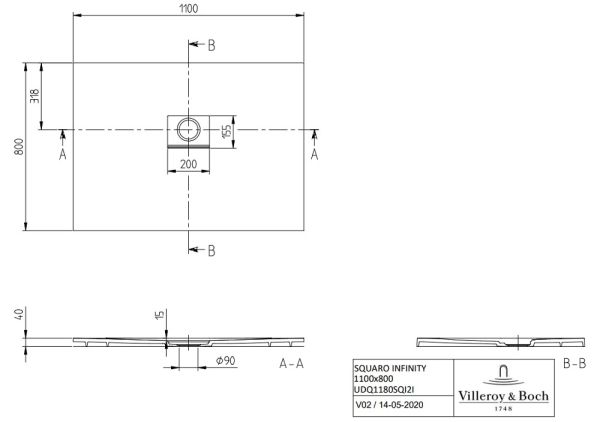 Villeroy&Boch Squaro Infinity Quaryl®-Duschwanne, Eckeinbau rechts gegen Wand, 110x80cm, technische Zeichnung