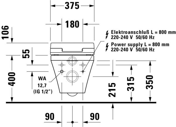 Duravit DuraStyle Wand-WC 37x62cm für SensoWash®, rimless, Tiefspüler, weiß