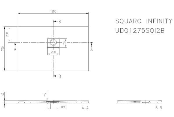 Villeroy&Boch Squaro Infinity Quaryl®-Duschwanne, lange Seite geschnitten an der Wand, 120x75cm, tech. Zeichnung