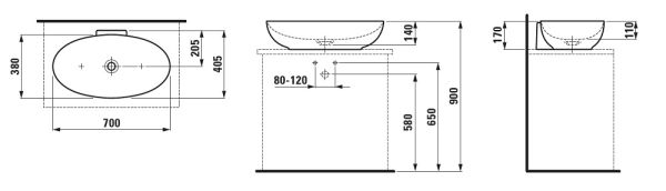 Laufen IL BAGNO ALESSI Waschtisch-Schale schwarz, 70x40,5cm, techn. Zeichnung