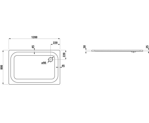 Laufen Platina Duschwanne 120x80cm ultraflach, Einbauhöhe 2,5cm