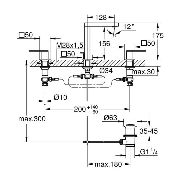 Grohe Plus 3-Loch-Waschtischarmatur mit Ablaufgarnitur, hard graphite gebürstet