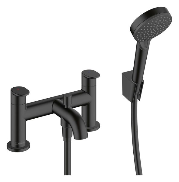 Hansgrohe Vernis Blend 2-Loch Wannenrandmischer Fertigset mit Umstellventil und Handbrause, mattschwarz 71461670