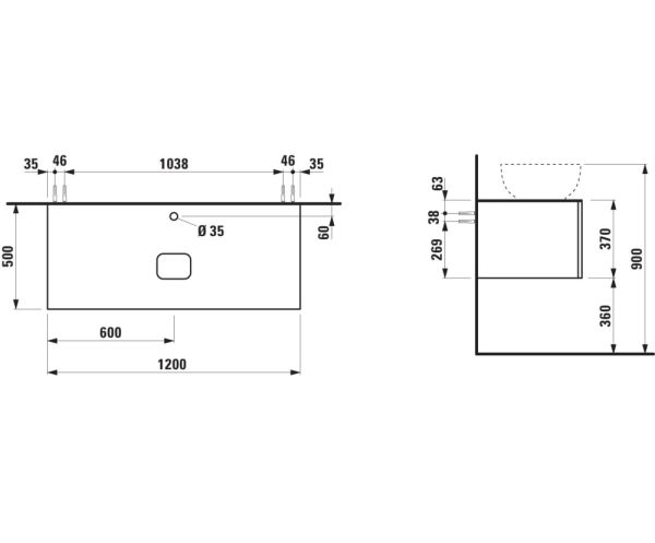 Laufen IL BAGNO ALESSI One Schubladenelement 1200, Hahnloch & 1 Schublade, Ausschnitt Mitte