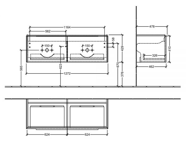 Villeroy&Boch Subway 3.0 Waschtischunterschrank 127,2cm für Doppelwaschtisch, 2 Auszüge