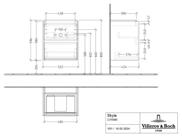 Villeroy&Boch Skyla Waschtischunterschrank 52cm, 2 Auszüge C79300 
