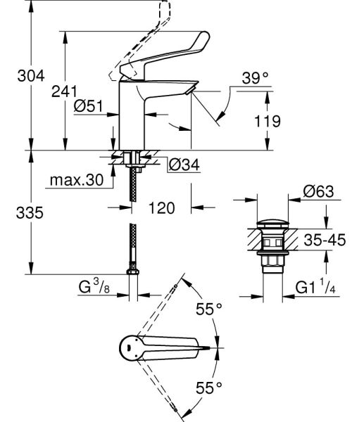 Grohe Eurosmart Waschtischarmatur M-Size, langer Hebelgriff, chrom