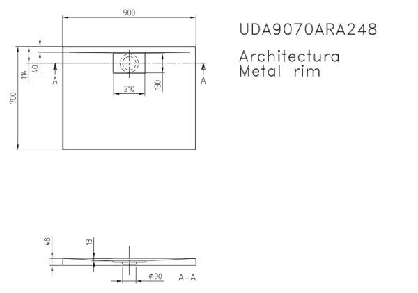 Villeroy&Boch Architectura MetalRim Duschwanne inkl. Antirutsch (VILBOGRIP),90x70cm, weiß UDA9070ARA248GV-011