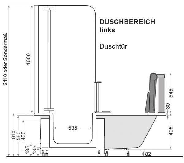 Artweger Artlift mit Hebesitz, Duschbadewanne mit Duschtür, 160x75cm, weiß