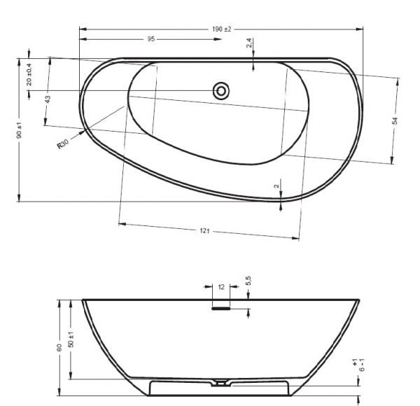 RIHO Solid Surface Granada freistehende Badewanne 190x90cm, weiß seidenmatt