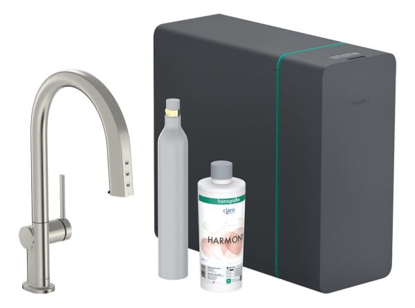 Hansgrohe Aqittura M91 Küchenarmatur mit SodaSystem 210 Starter Set, mit sBox lite, edelstahl finish 76839800
