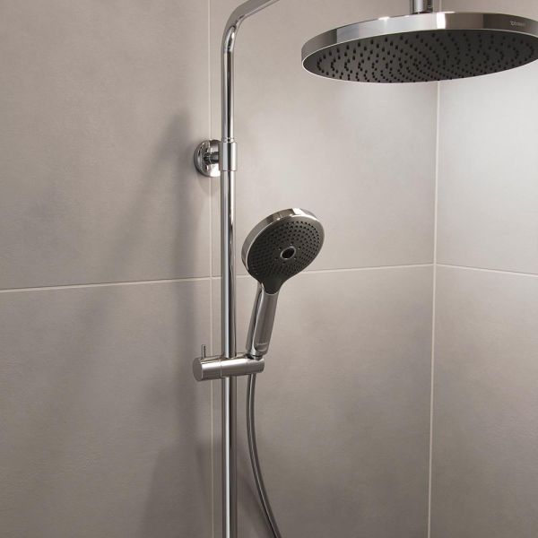 Duravit ShowerSystem Duschsystem mit höhenverstellbarer Regendusche, Thermostat, Ablage, chrom/schw