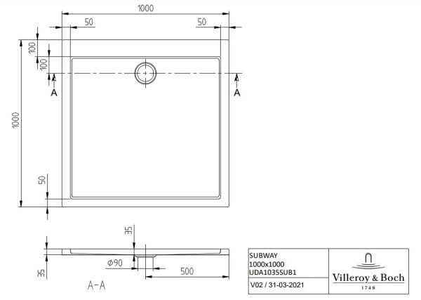 Villeroy&Boch Subway quadratische Duschwanne für Eckmontage, 100x100cm, weiß UDA1035SUB1V-01