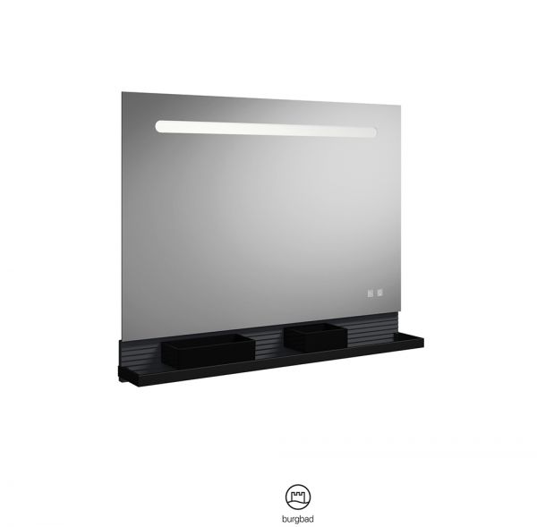 Burgbad Fiumo LED-Spiegel 100cm mit Ablage, Reling und Boxen in schwarz, Pliséefront
