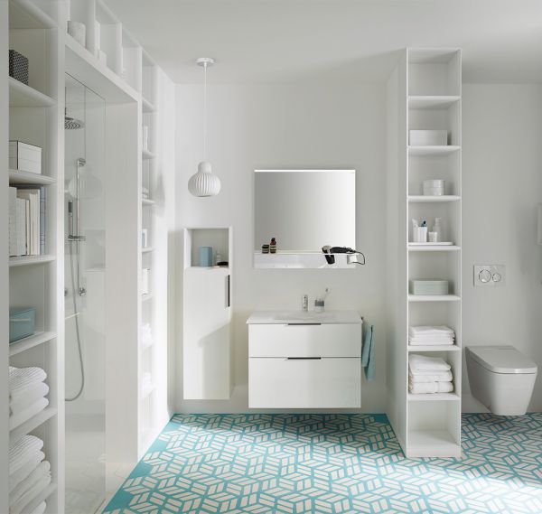 Burgbad Eqio Glas-Waschtisch mit Waschtischunterschrank, 2 Auszüge, 82cm, weiß hochglanz, Griff schwarz matt SEYX082F2009A0070G0200 1