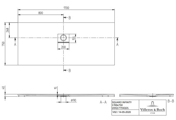 Villeroy&Boch Squaro Infinity Quaryl®-Duschwanne, Eckeinbau links gegen Wand, 170x75cm UDQ1775SQI2LV-1S