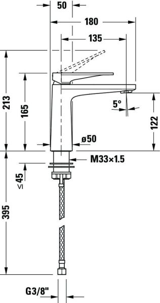 Duravit Tulum Einhebel-Waschtischmischer ohne Zugstangen-Ablaufgarnitur, schwarz, TU1020002046, techn. Zeichnung