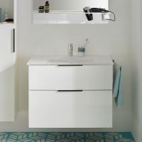 Vorschau: Burgbad Eqio Glas-Waschtisch mit Waschtischunterschrank, 2 Auszüge, 82cm, weiß hochglanz, Griff schwarz matt SEYX082F2009A0070G0200 