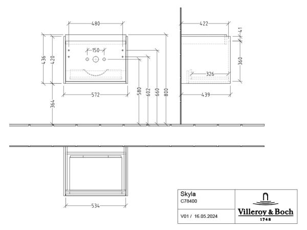 Villeroy&Boch Skyla Waschtischunterschrank 57cm, 1 Auszug C78400
