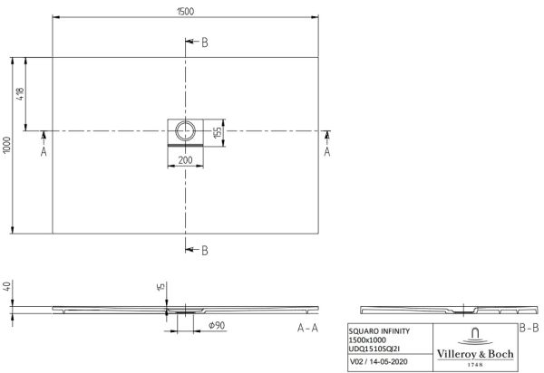 Villeroy&Boch Squaro Infinity Quaryl®-Duschwanne, flächenbündiger Einbau, 150x100cm, techn. Zeichnung