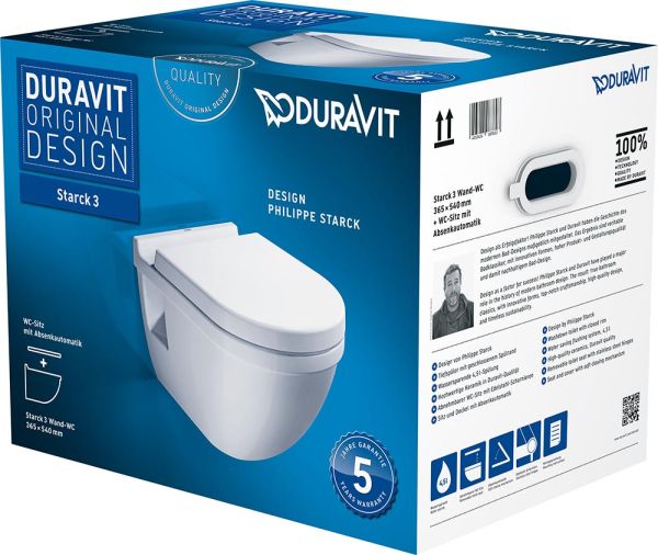 Duravit Starck 3 Wand-WC Set inkl. WC-Sitz mit Absenkautomatik, 54x37cm, oval, weiß 42000900A1