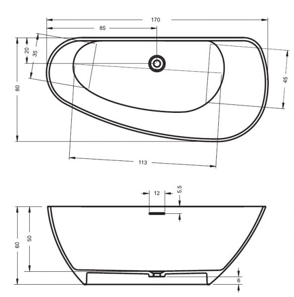 RIHO Solid Surface Granada freistehende Badewanne 170x80cm, links, weiß seidenmatt