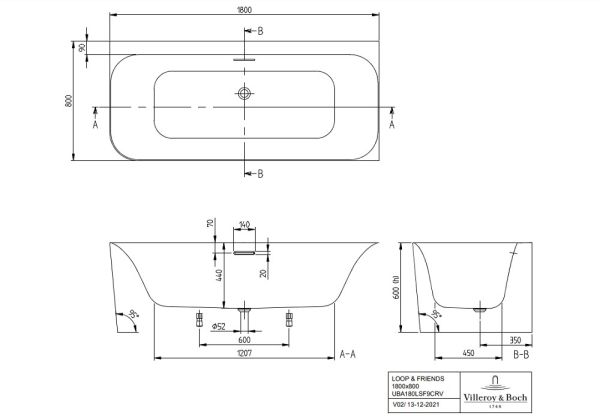 Villeroy&Boch Loop&Friends Vorwand-Badewanne für Eckeinbau, rechte Ausführung, 180x80cm, weiß, UBA180LSF9CR00V-01 techn. Zeichnung