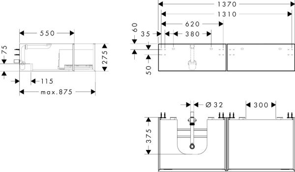 hansgrohe Xevolos E Unterschrank 137cm für Aufsatzwaschtisch links mit Konsole, 2 Schubkästen