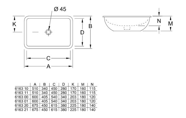 Villeroy&Boch Loop&Friends Unterbauwaschtisch oval 61,5x38cm, weiß 61632001 technische Zeichnung