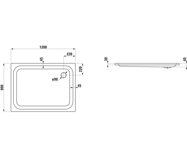 Laufen Platina Duschwanne 120x90cm flach, Einbauhöhe 6,5cm