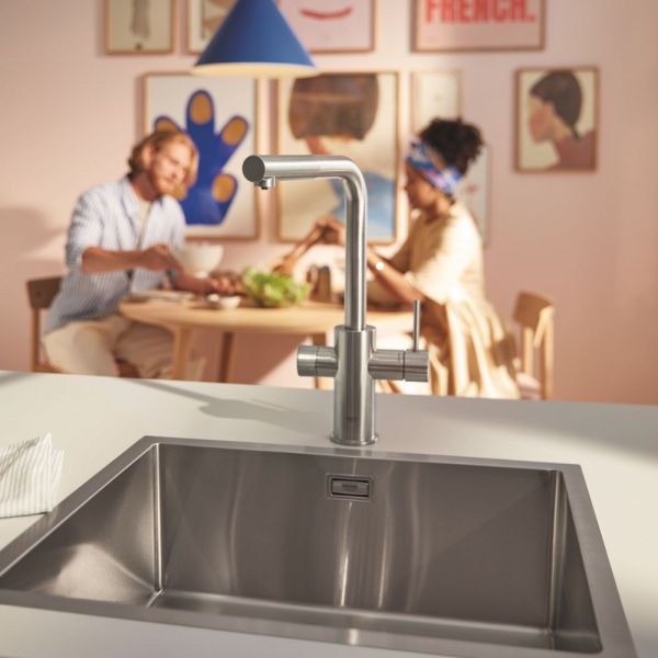 Grohe Blue Pure Minta Einzelarmatur, herausziehbarer L-Auslauf mit Filterfunktion, supersteel