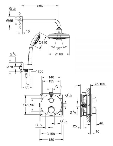 Grohe Grohtherm Duschsystem Unterputz mit Rainshower Cosmopolitan 160, Rosette rund, chrom