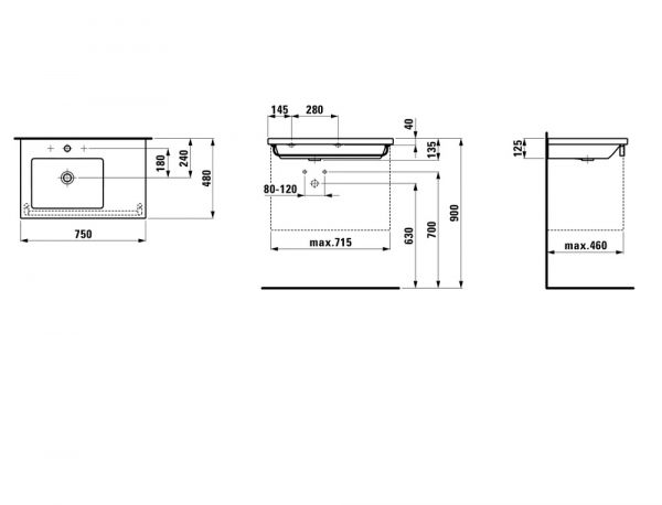 Laufen Living Square Waschtisch unterbaufähig, asymmetrisch, Ablage rechts, 75x48cm, weiß H8174380001041_1