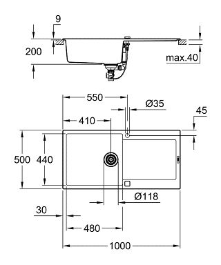 Grohe K500 60-C Küchenspüle mit Abtropffläche, granit schwarz