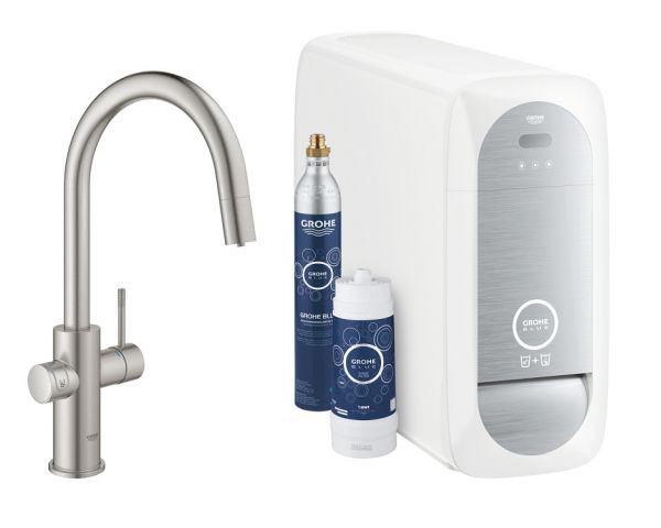 GROHE Blue Home C-Auslauf Starter Kit, herausziehbar, Filterfunktion & Sprudelfunktion 31541DC0 supersteel C