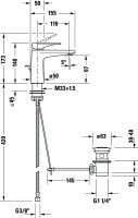 Vorschau: Duravit Tulum by Starck Einhebel-Waschtischmischer mit Zugstangen-Ablaufgarnitur, chrom, TU1010001010 techn. Zeichnung