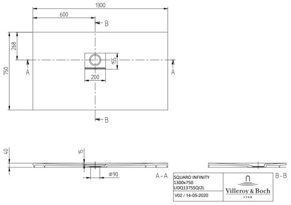 Villeroy&Boch Squaro Infinity Quaryl®-Duschwanne, Eckeinbau links gegen Wand, 130x75cm UDQ1375SQI2LV-1S