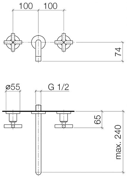 Dornbracht Tara. Waschtisch-Wandbatterie ohne Ablaufgarnitur, Ausladung 240mm Maße