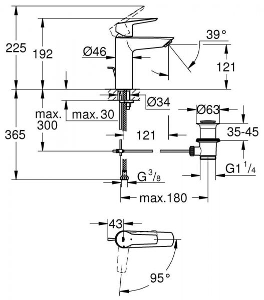 Grohe Start Quick-Fix Einhand-Waschtischbatterie, Mittelstellung kalt, M-Size, chrom 23552002 Zeichnung