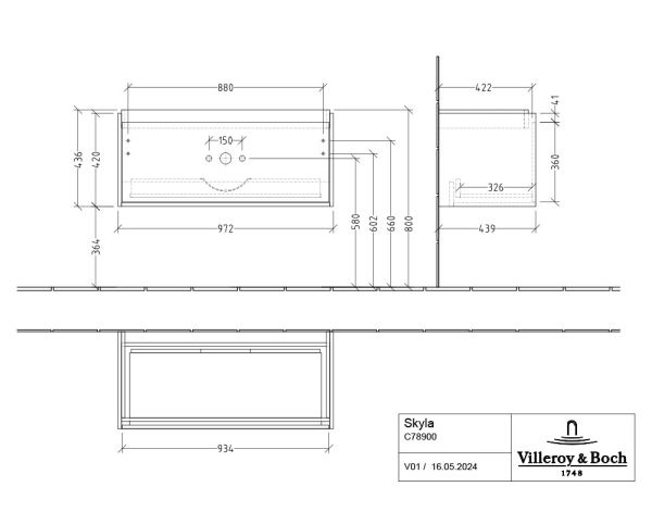 Villeroy&Boch Skyla Waschtischunterschrank C78900 100cm, 1 Auszug C78900