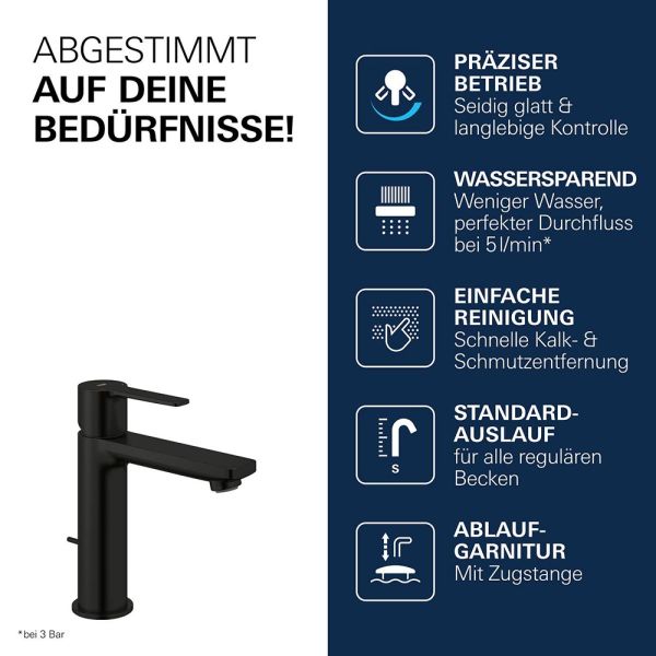 Grohe Lineare Wasserhahn S-Size, Zugstangen-Ablaufgarnitur, wassersparend, schwarz matt