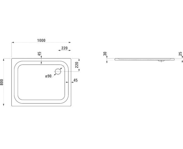 Laufen Platina Duschwanne 100x80cm ultraflach, Einbauhöhe 2,5cm