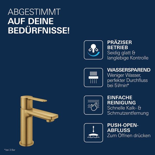 Grohe Lineare Waschtischarmatur XS-Size mit Push-open Ablaufgarnitur, cool sunrise gebürstet