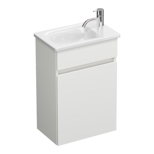 Burgbad Lin20 Gästebad Keramik-Handwaschbecken 43x27cm mit Waschtischunterschrank und 1 Tür